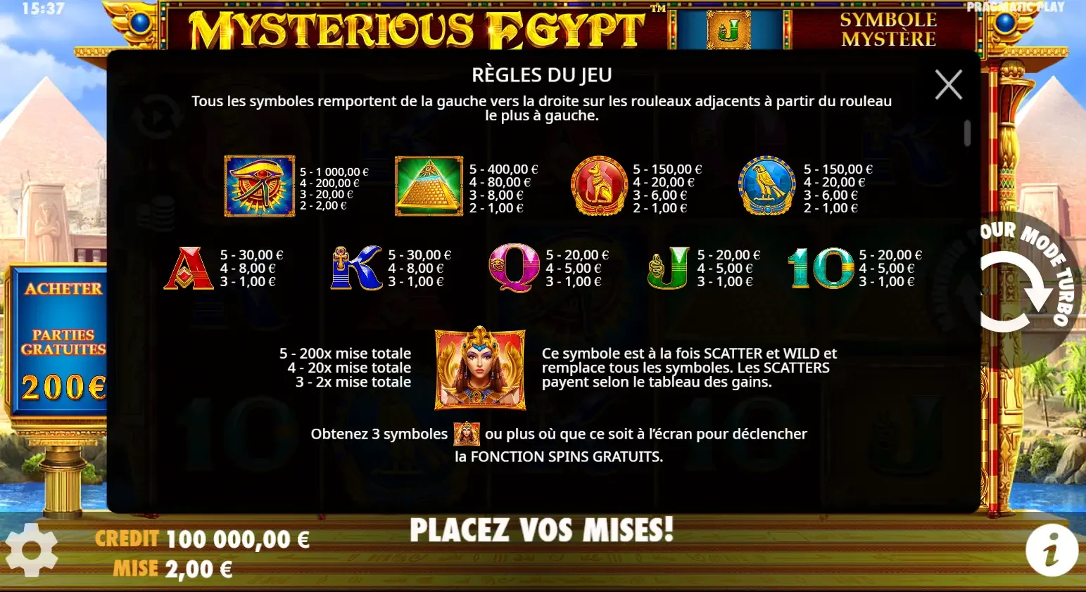Symboles mysterious egypt casino slot