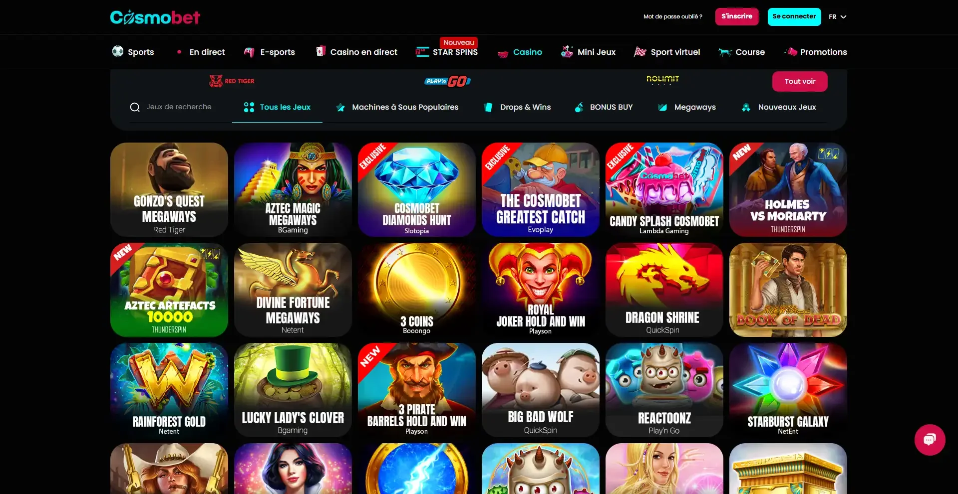 S&eacute;lection de machines &agrave; sous populaires sur Cosmobet Casino avec Gonzo&rsquo;s Quest, Book of Dead et Reactoonz