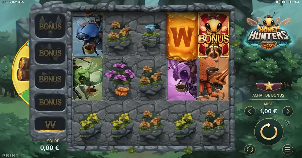 Machine &agrave; sous Honey Hunters de Relax Gaming avec free spins et symboles de miel