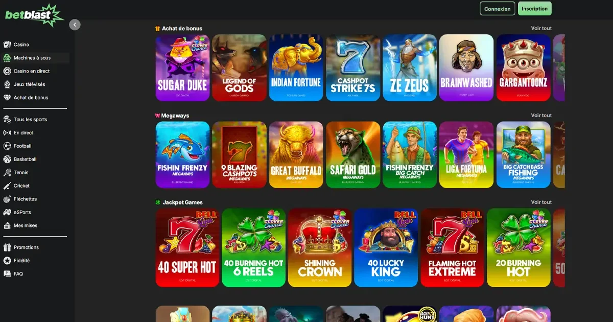 Aper&ccedil;u des machines &agrave; sous sur BetBlast : bonus, Megaways et jackpots avec jeux populaires comme Sugar Duke, Fishin&rsquo; Frenzy et Flaming Hot