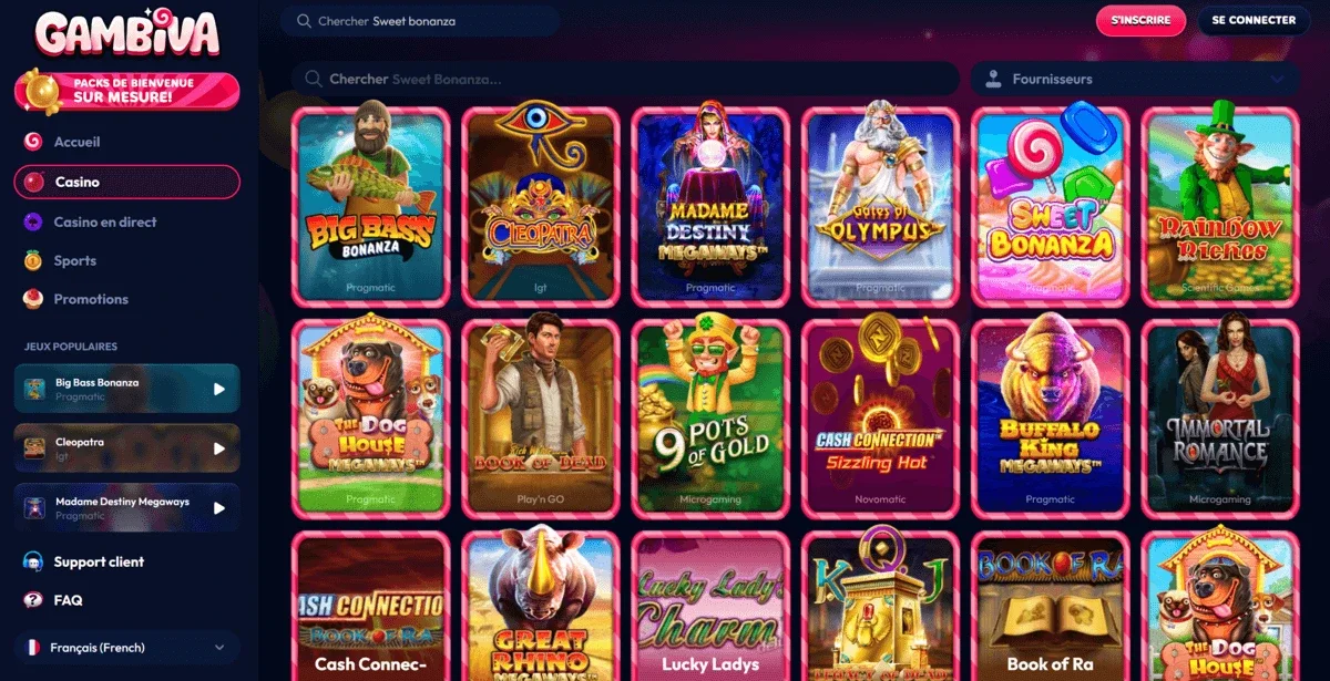 Jeux et fournisseurs du casino Gambiva