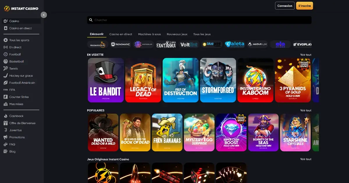 Jeux en vedette sur Instant Casino avec Le Bandit, Legacy of Dead, Fist of Destruction, Stormforged et 3 Pyramids of Gold