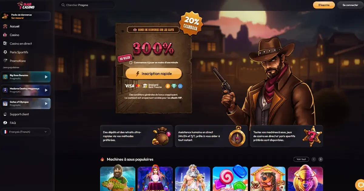 Page d&rsquo;accueil de MadCasino avec bonus de bienvenue 300 pourcent sans wager cowboy et options de d&eacute;p&ocirc;t crypto et carte bancaire