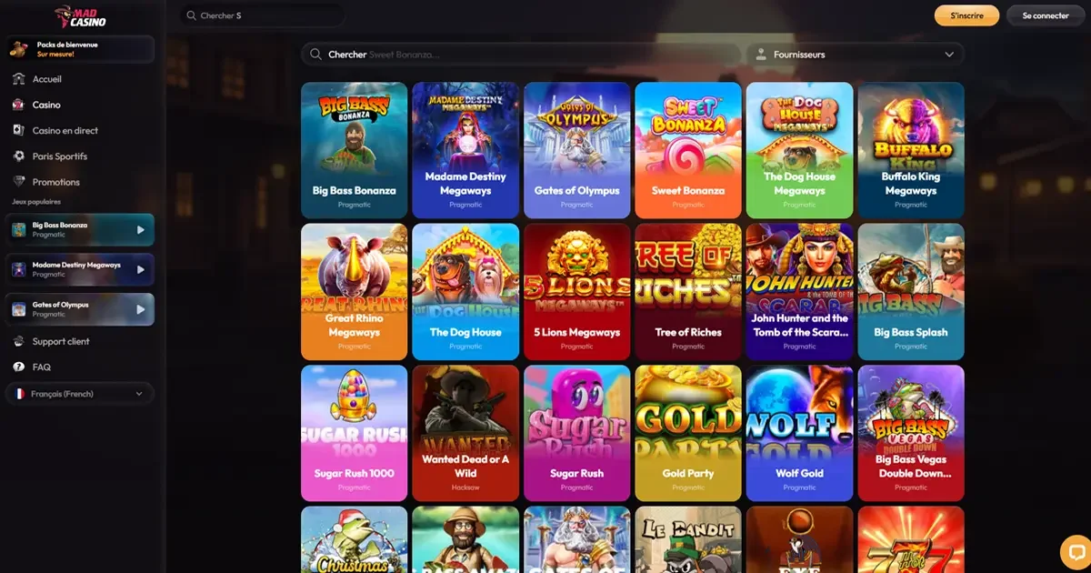 Page des machines &agrave; sous en ligne disponibles sur MadCasino, avec des jeux populaires de Pragmatic Play comme Big Bass Bonanza, Sweet Bonanza et Gates of Olympus.