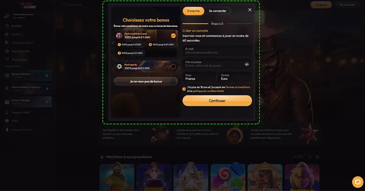 Formulaire d&rsquo;inscription sur MadCasino avec choix du bonus de bienvenue entre machines &agrave; sous et paris sportifs, ou option sans bonus.