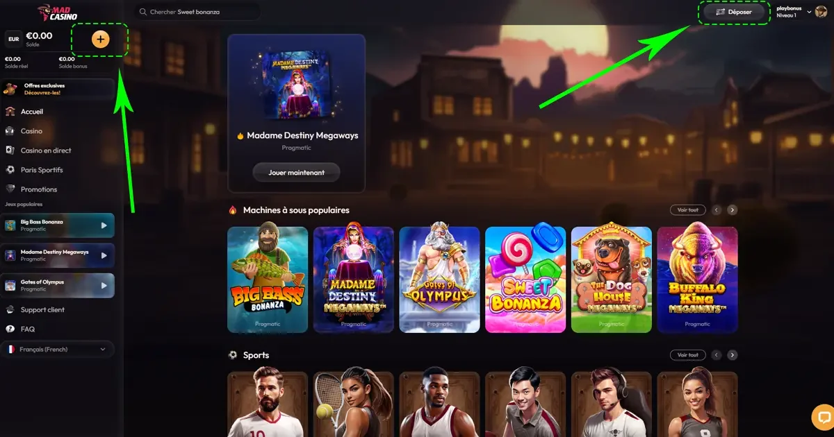 Interface utilisateur de MadCasino montrant le bouton de d&eacute;p&ocirc;t, le solde du compte joueur et les machines &agrave; sous les plus populaires comme Sweet Bonanza et Madame Destiny Megaways.