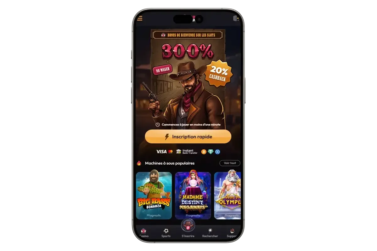 Vue mobile de la page d&rsquo;accueil MadCasino affichant un bonus de bienvenue de 300 % sans wager, 20 % de cashback et des jeux populaires comme Big Bass Bonanza.