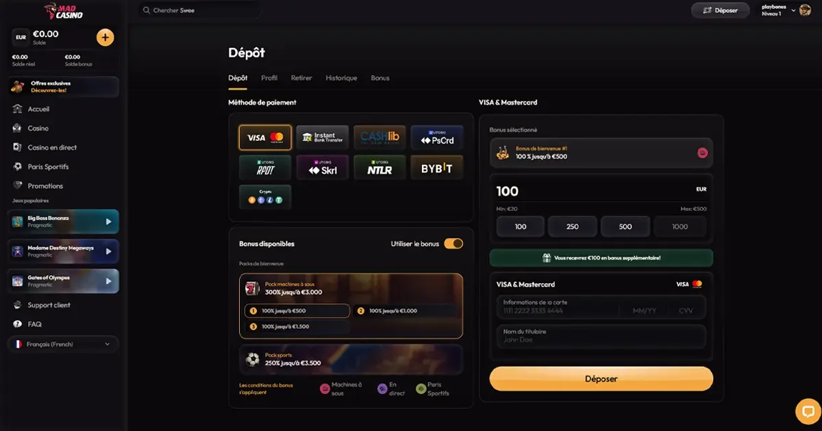 Page de d&eacute;p&ocirc;t MadCasino affichant les m&eacute;thodes de paiement disponibles (Visa, Mastercard, crypto, e-wallets) et les bonus de bienvenue jusqu&rsquo;&agrave; 3 500 &euro;.
