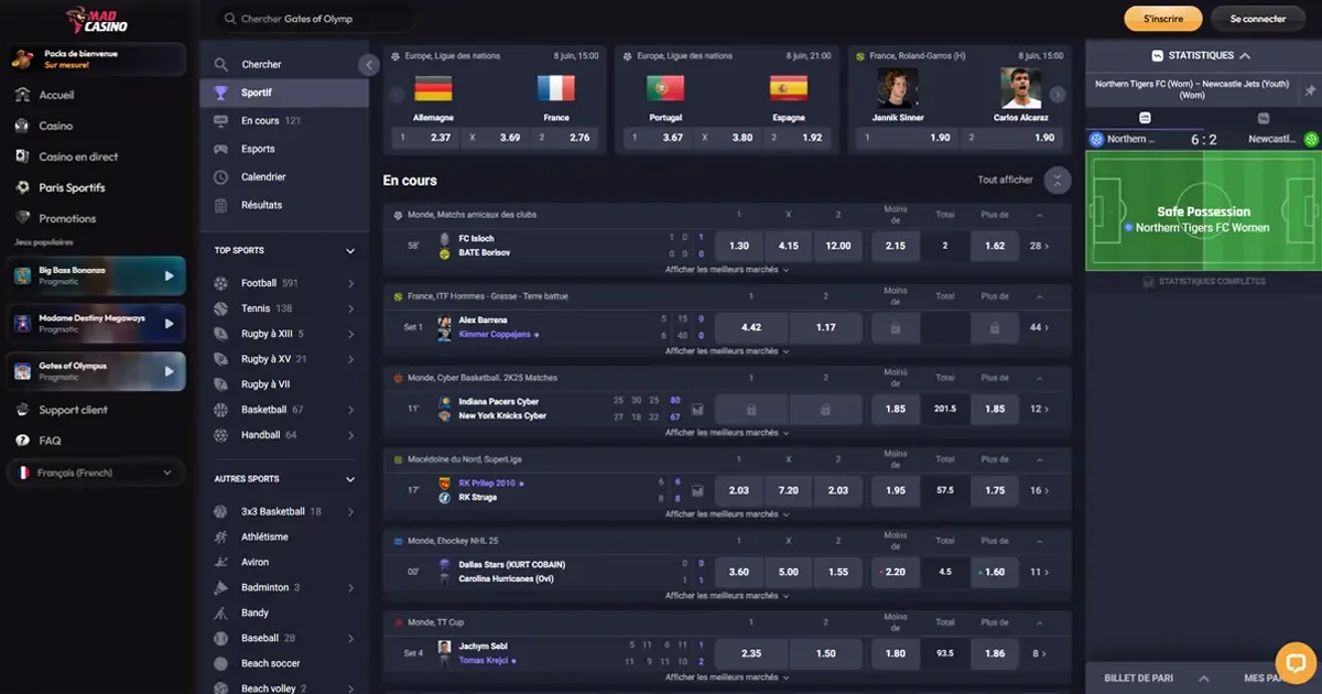 Aper&ccedil;u de la plateforme de paris sportifs de MadCasino avec cotes en direct sur le football, le tennis et d'autres sports, incluant statistiques et matchs en cours.