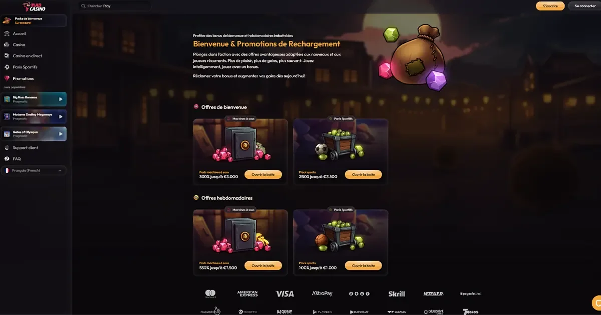 Aper&ccedil;u des bonus de bienvenue et promotions hebdomadaires sur MadCasino, avec offres sur les machines &agrave; sous et les paris sportifs.
