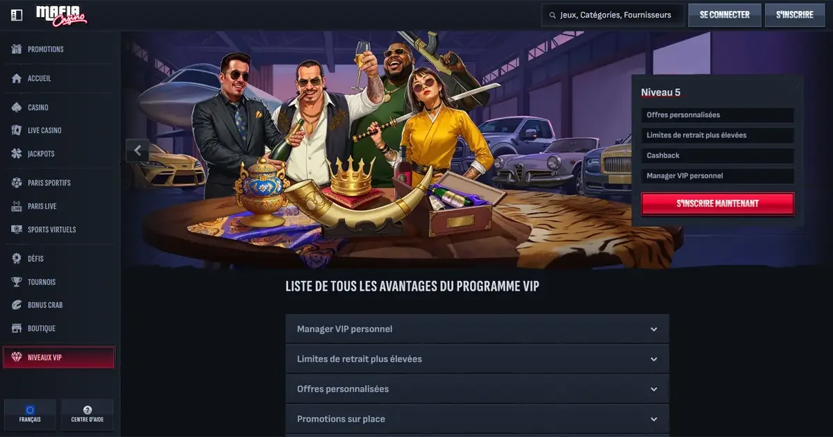 Programme VIP de Mafia Casino avec avantages exclusifs avec cashback, manager d&eacute;di&eacute; et limites de retrait &eacute;lev&eacute;es