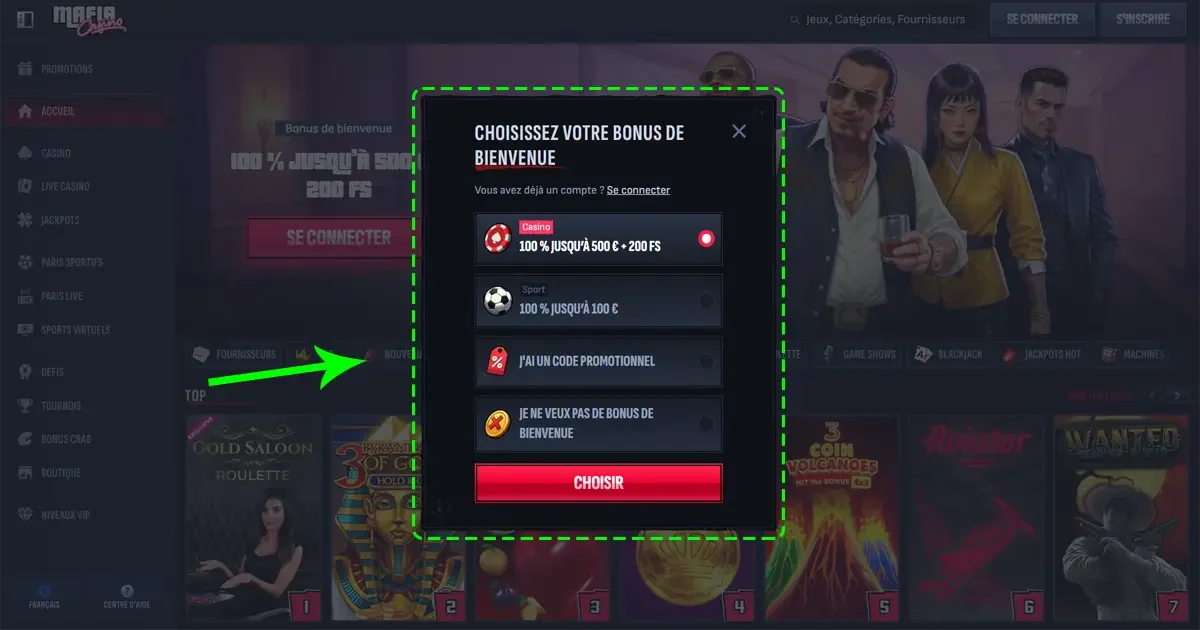 Fen&ecirc;tre de s&eacute;lection du bonus de bienvenue sur Mafia Casino avec options casino, sport ou code promo