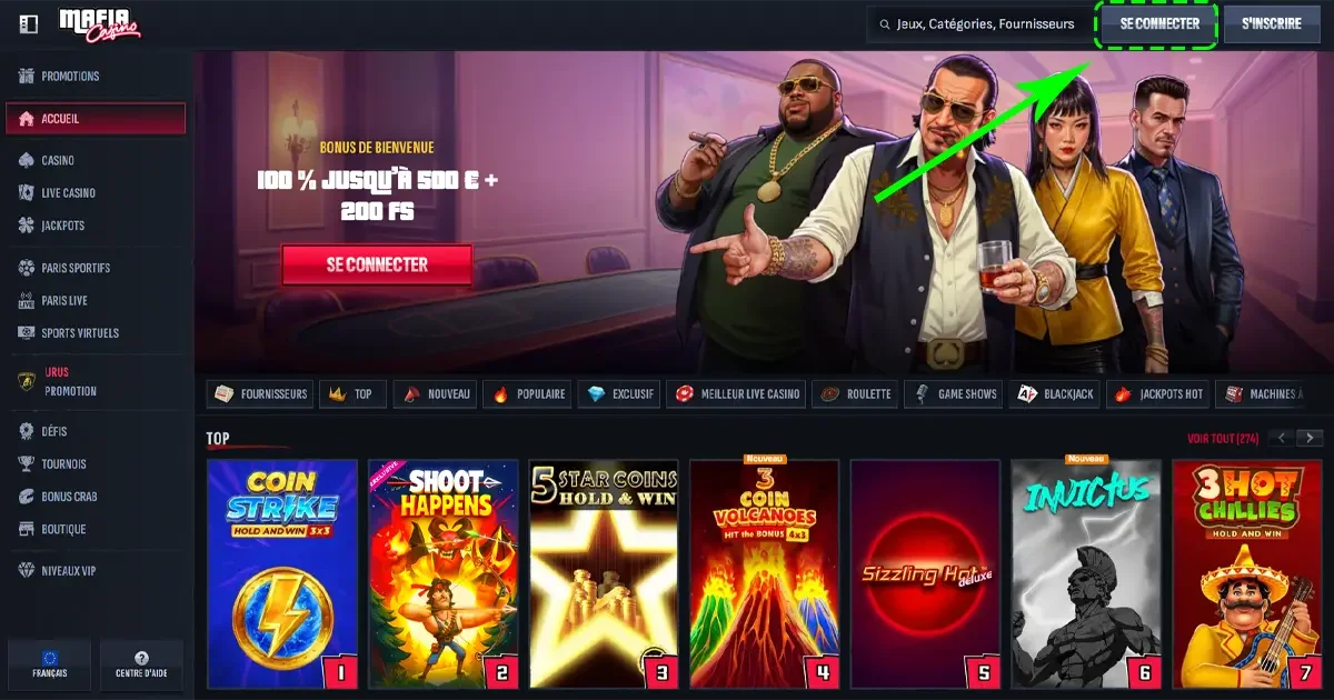 &Eacute;tape de connexion sur Mafia Casino pour acc&eacute;der &agrave; son compte joueur