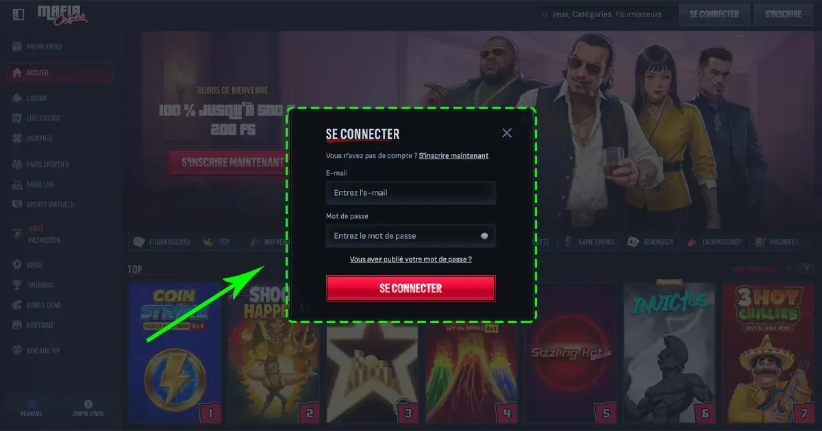 Formulaire de connexion sur Mafia Casino pour acc&eacute;der &agrave; son compte joueur