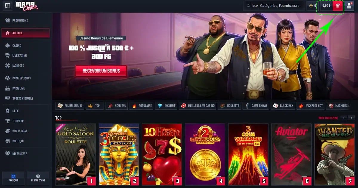Page d&rsquo;accueil de Mafia Casino avec bonus de bienvenue 500 &euro; + 200 free spins et solde joueur affich&eacute;