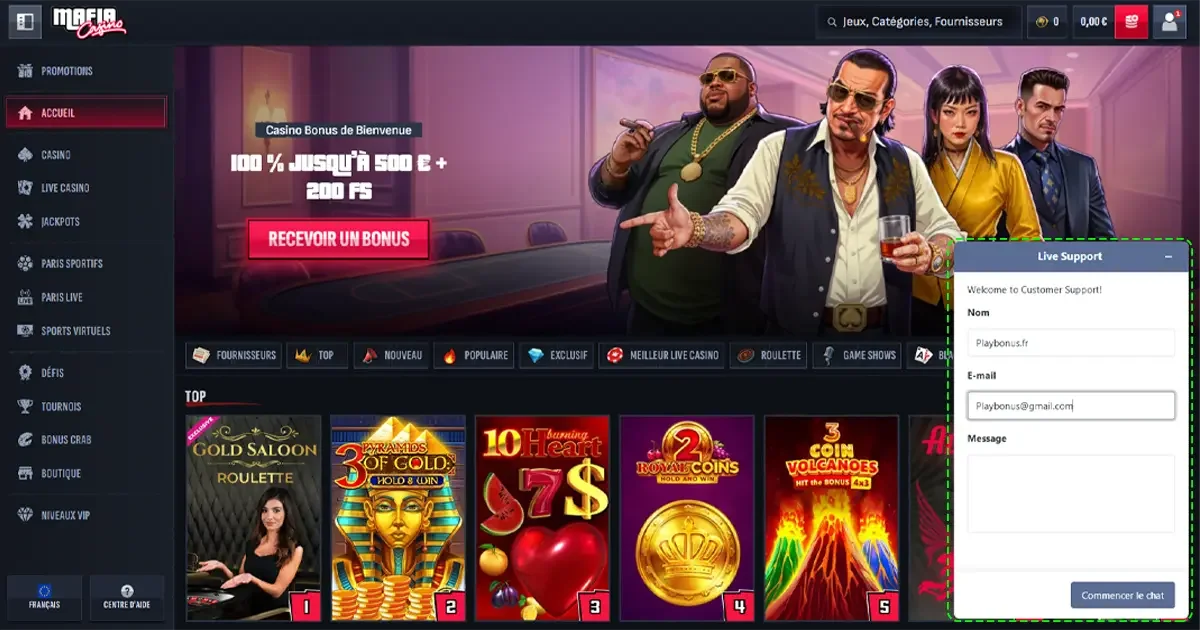 Fen&ecirc;tre de support en direct sur Mafia Casino avec formulaire de contact pour assistance client