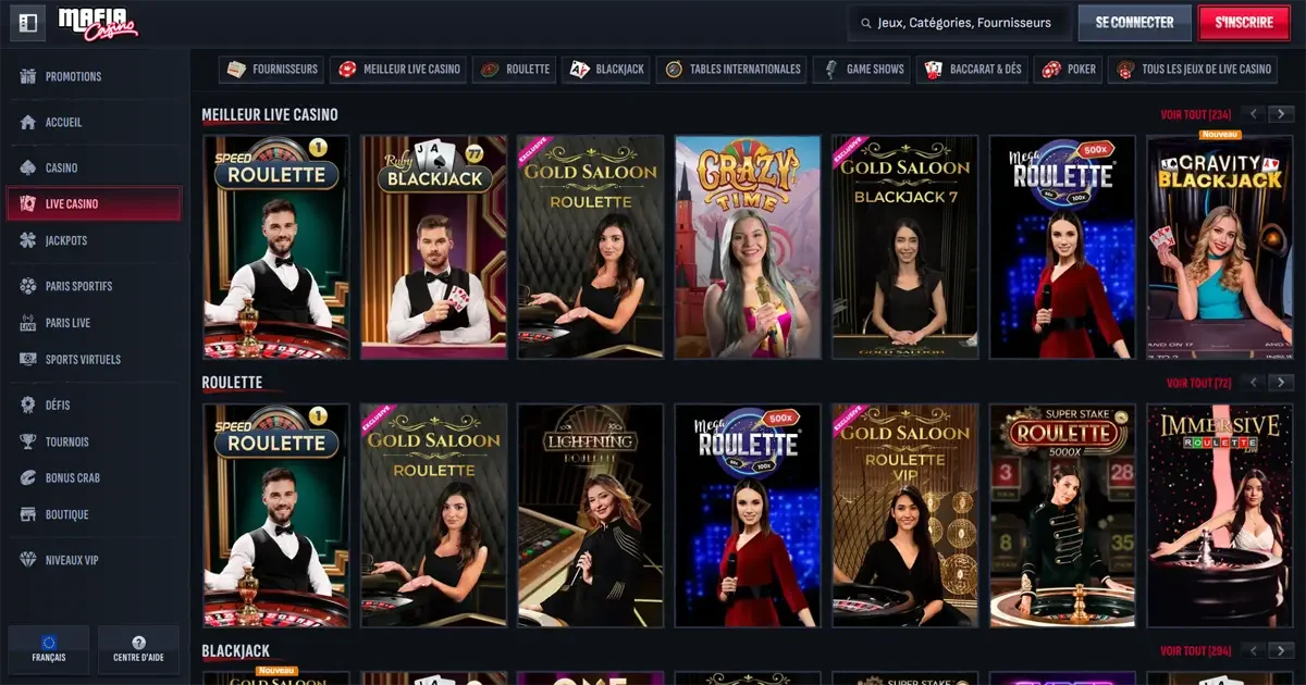 Jeux de live casino sur Mafia Casino avec roulette, blackjack et croupiers en direct