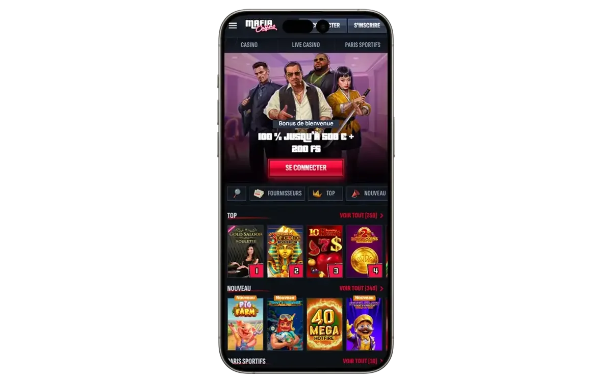 Interface mobile de Mafia Casino avec bonus de bienvenue et s&eacute;lection de machines &agrave; sous populaires
