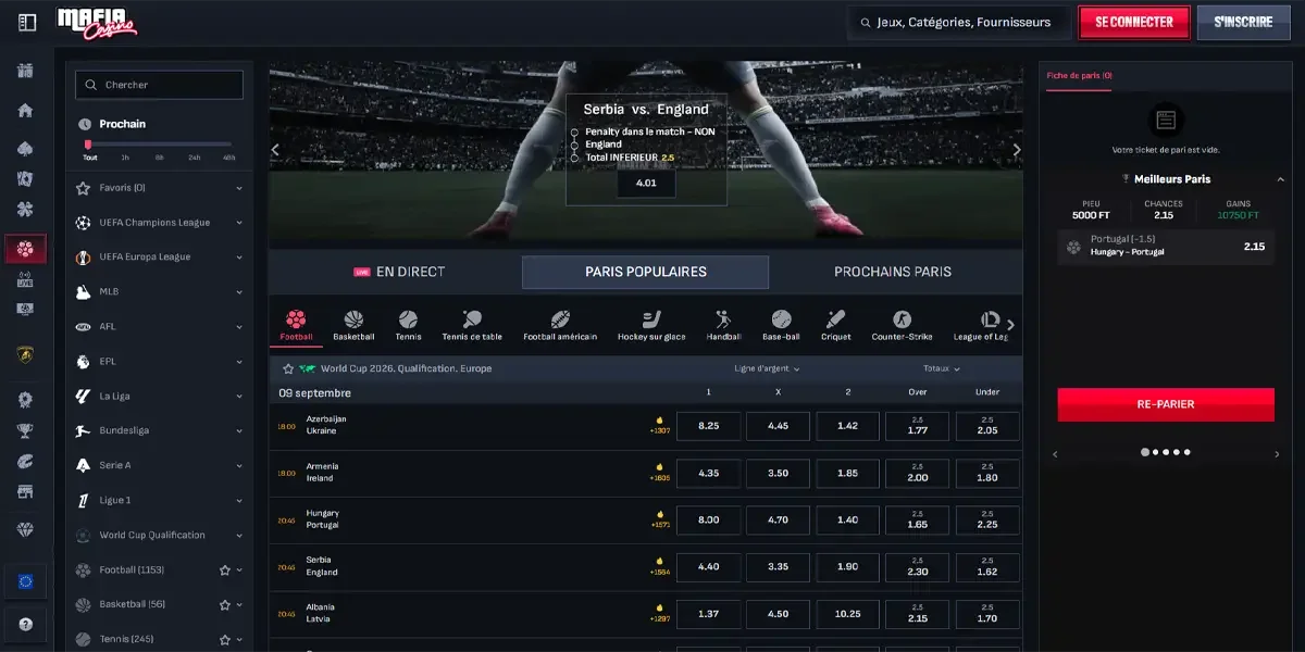 Interface Mafia Casino avec les paris sportifs en direct sur le football et les cotes