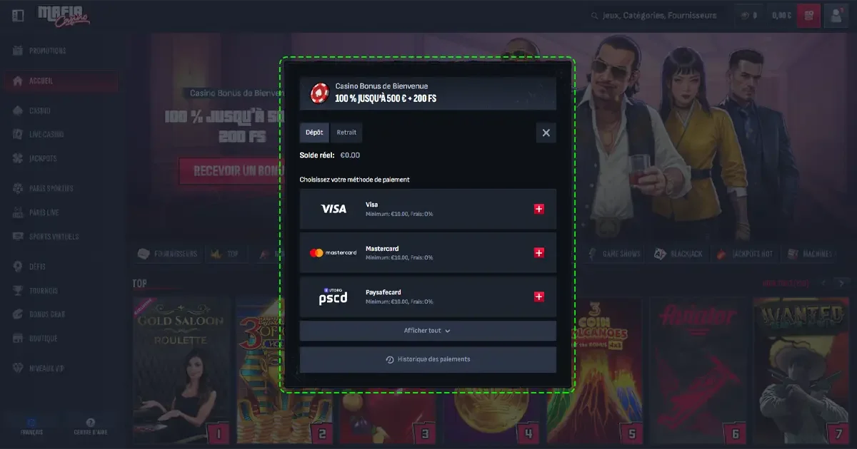 Options de d&eacute;p&ocirc;t sur Mafia Casino avec Visa, Mastercard et Paysafecard d&egrave;s 10 &euro; sans frais