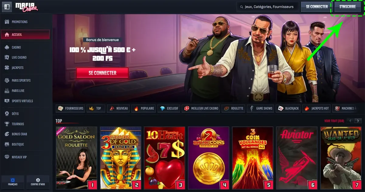 Bouton S&rsquo;inscrire mis en avant sur la page d&rsquo;accueil de Mafia Casino avec bonus de bienvenue