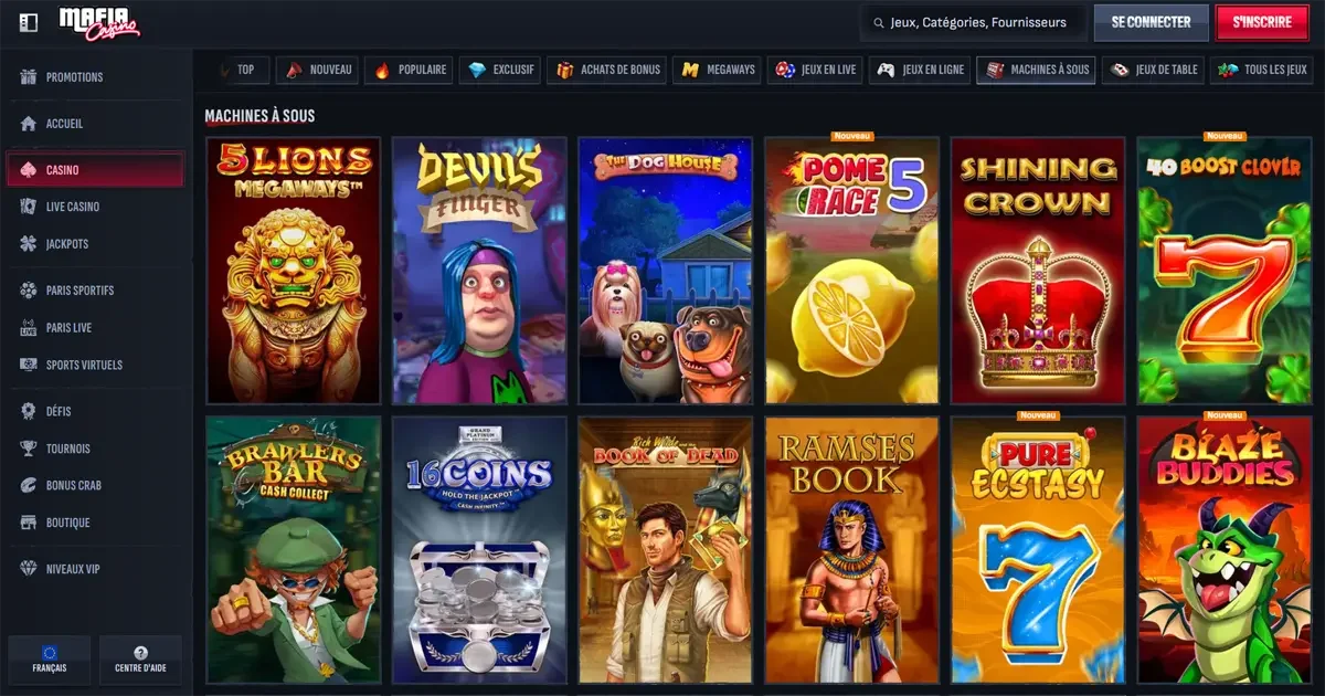 Aper&ccedil;u des machines &agrave; sous en ligne disponibles sur Mafia Casino avec titres populaires comme Book of Dead, 5 Lions et The Dog House