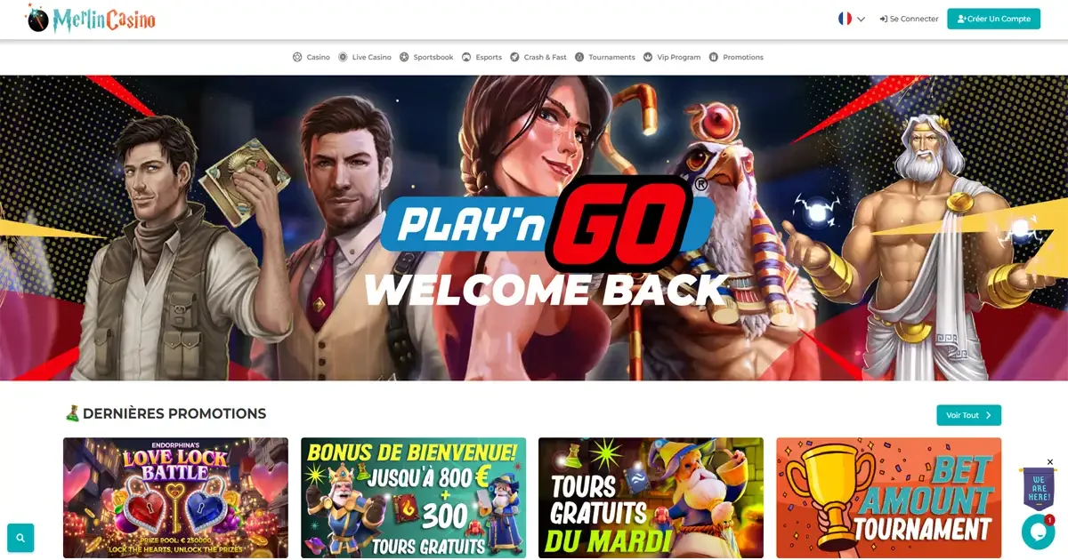 Page d'accueil du casino en ligne Merlin Casino avec son bonus et promotions