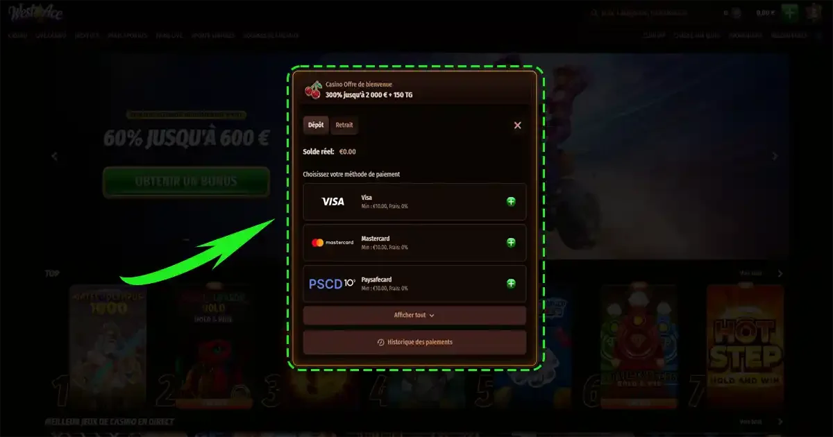 Les m&eacute;thodes de paiement sur le casino en ligne WestAce