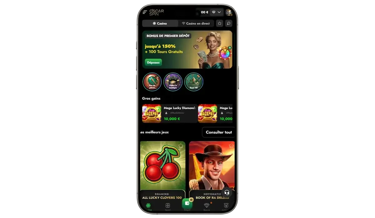 Version mobile du casino OscarSpin avec bonus de d&eacute;p&ocirc;t, jackpots et jeux populaires comme Book of Ra