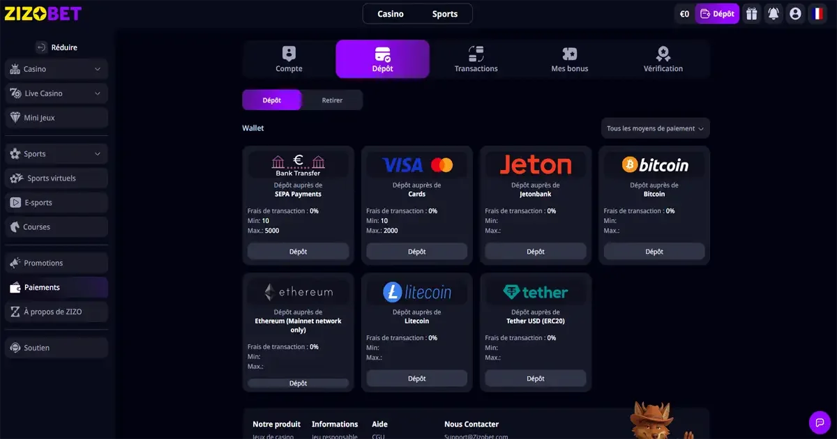 Moyens de paiement Zizobet casino &ndash; d&eacute;p&ocirc;t par Visa, Mastercard, Jeton, Bitcoin, Ethereum, Litecoin et Tether