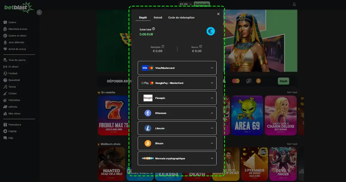 M&eacute;thodes de d&eacute;p&ocirc;t sur BetBlast avec Visa, Google Pay, Flexepin, Bitcoin, Ethereum, Litecoin et autres cryptomonnaies