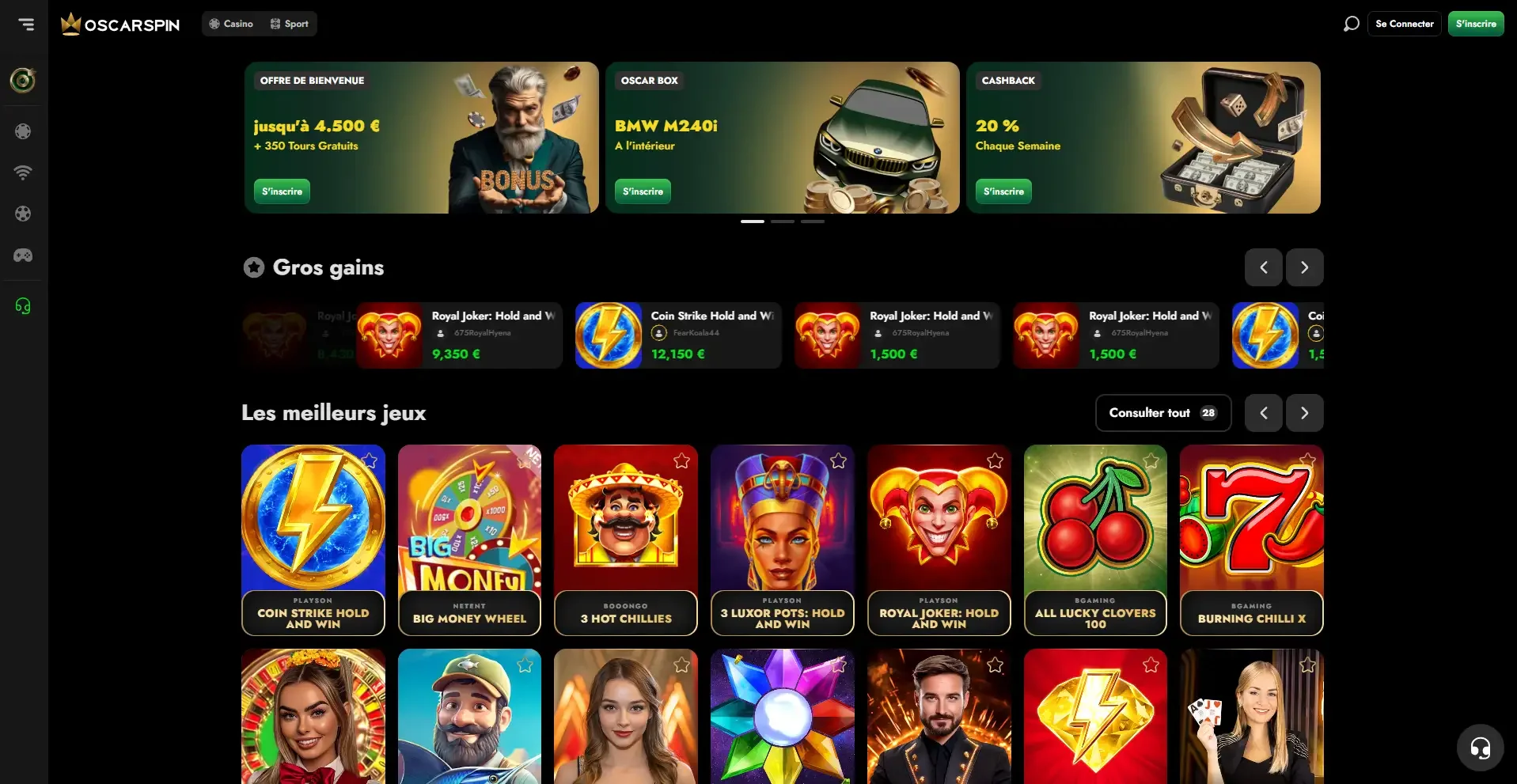 Page d&rsquo;accueil d&rsquo;Oscarspin Casino avec bonus de bienvenue jusqu&rsquo;&agrave; 4500 &euro;, 350 tours gratuits, BMW &agrave; gagner et jeux de machines &agrave; sous populaires