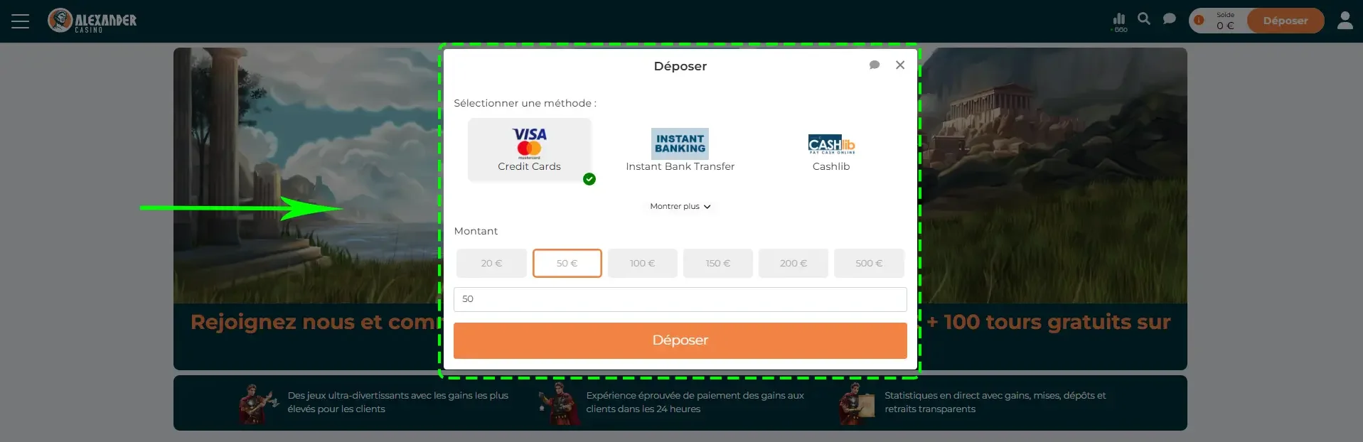 Formulaire de d&eacute;p&ocirc;t Alexander Casino France avec carte bancaire, virement et Cashlib