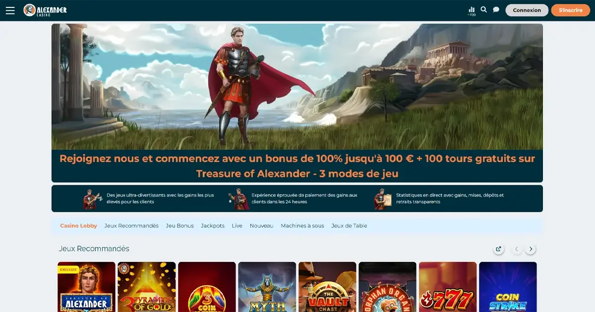 Page d'accueil d'Alexander Casino avec guerrier romain, temples antiques et offre de bienvenue jusqu'&agrave; 100&euro; + 100 tours gratuits