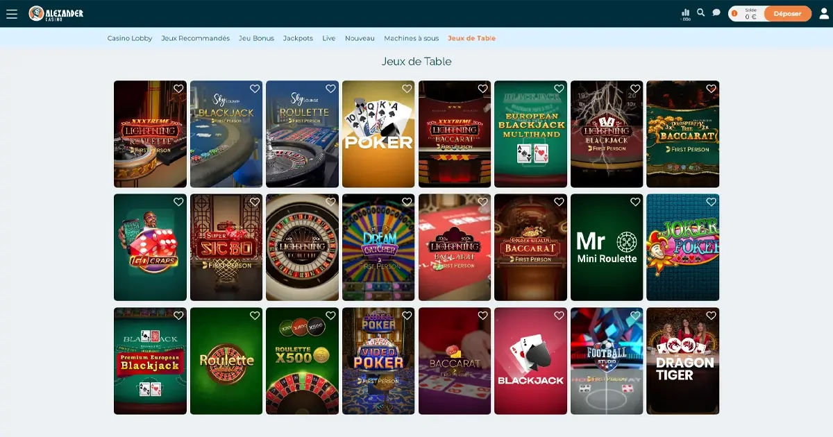 Jeux de table sur Alexander Casino France avec blackjack, roulette, poker et baccarat