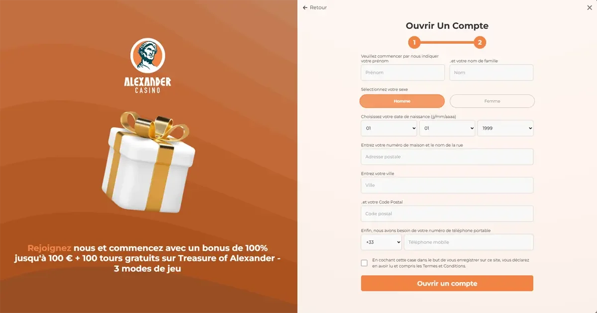Formulaire d'inscription Alexander Casino France pour cr&eacute;er un compte et obtenir un bonus