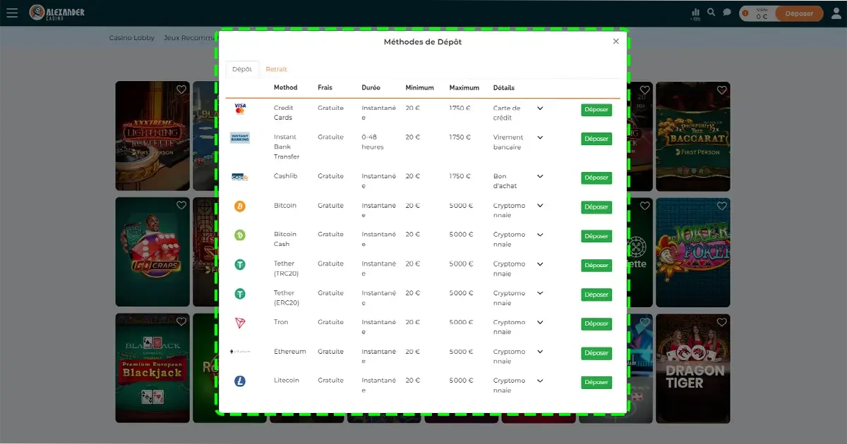 M&eacute;thodes de d&eacute;p&ocirc;t Alexander Casino France avec carte bancaire, virement, crypto et cashlib