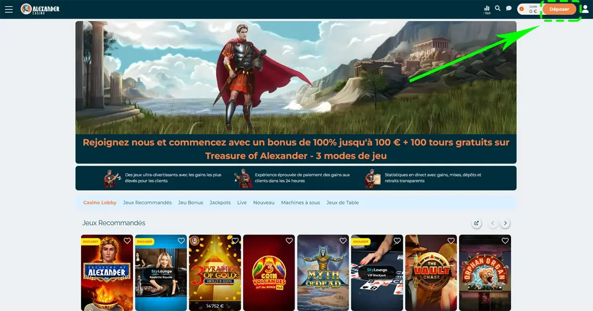 Page d'accueil Alexander Casino France avec bouton pour d&eacute;poser des sous
