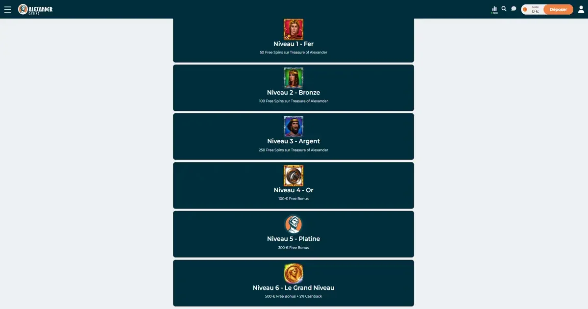 Programme VIP Alexander Casino France avec r&eacute;compenses exclusives et bonus