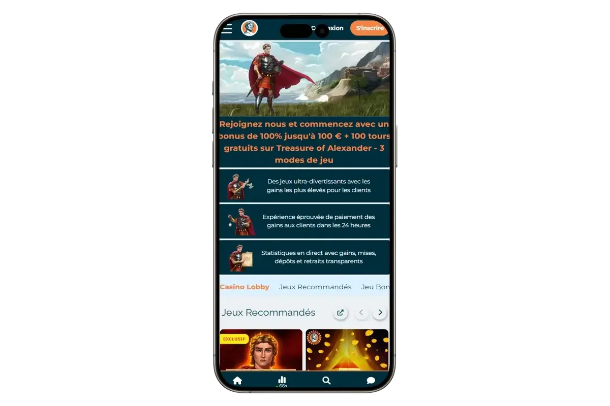Version mobile d'Alexander Casino France avec bonus de bienvenue et jeux recommand&eacute;s