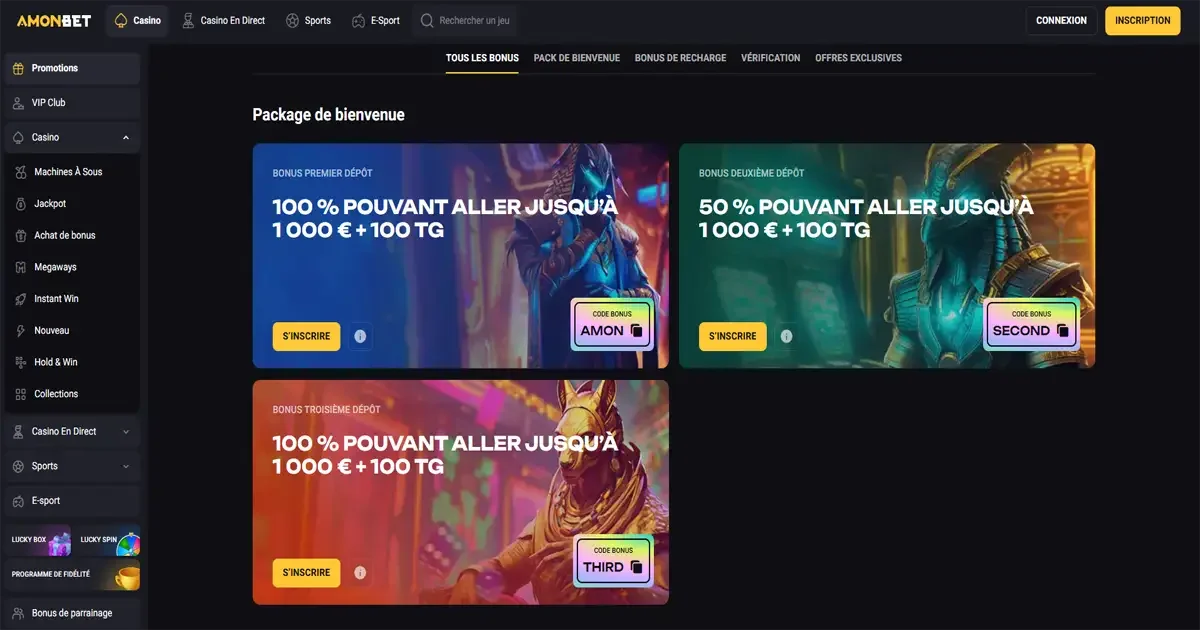 Offres de bienvenue AmonBet avec bonus premier, deuxi&egrave;me et troisi&egrave;me d&eacute;p&ocirc;t jusqu&rsquo;&agrave; 1 000 &euro; et tours gratuits