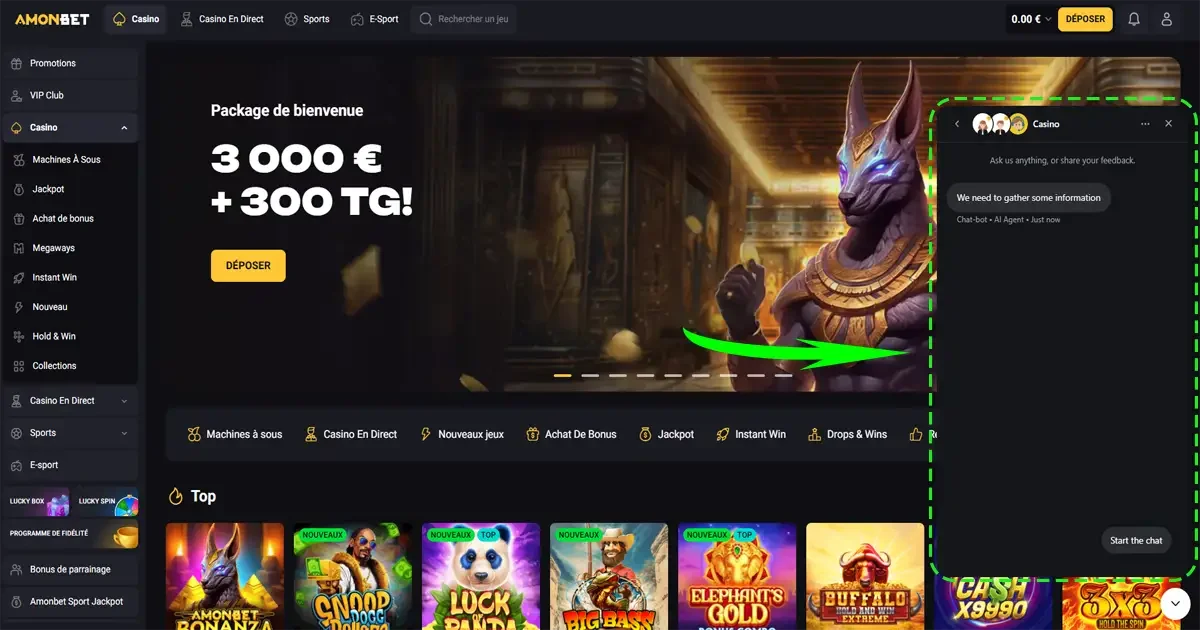 Page d&rsquo;accueil AmonBet avec offre de bienvenue 3 000 &euro; et 300 tours gratuits et fen&ecirc;tre de chat d&rsquo;assistance ouverte