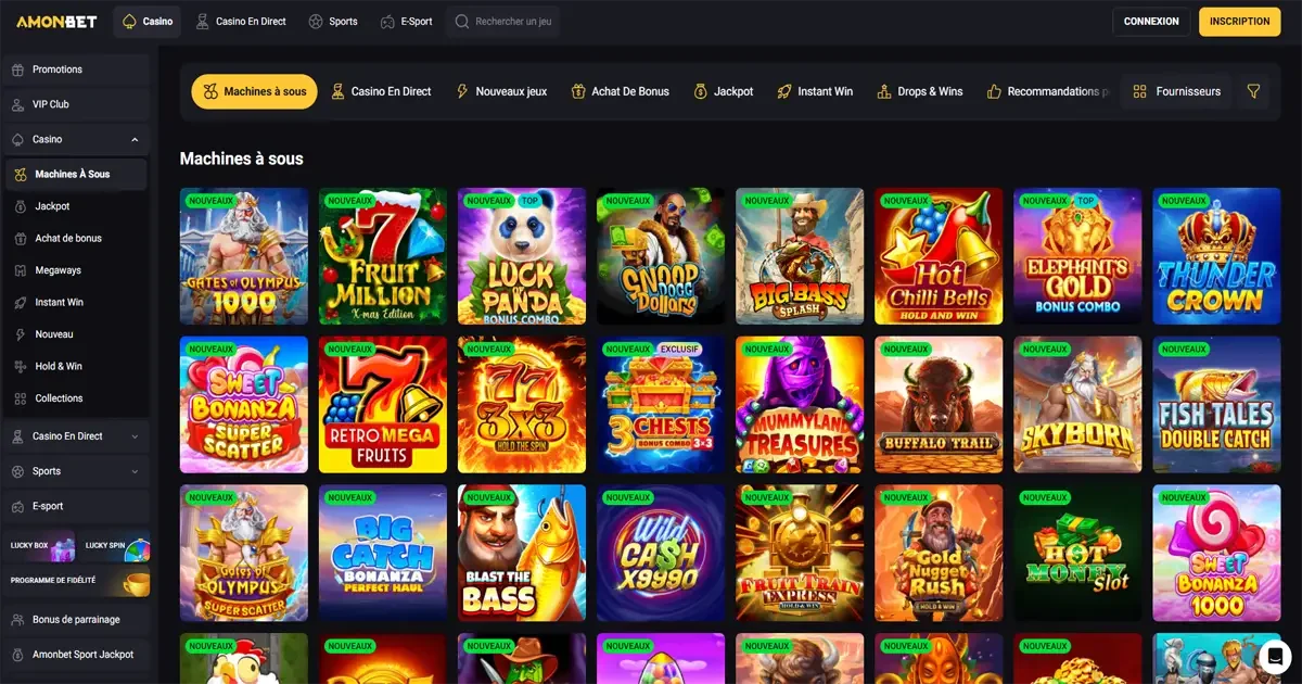 AmonBet machines &agrave; sous en ligne avec s&eacute;lection de jeux populaires et nouveaux titres de fournisseurs reconnus