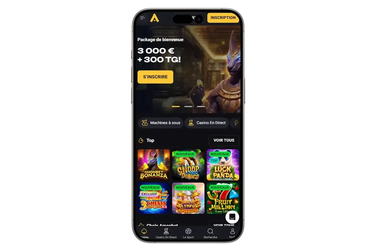 Version mobile d&rsquo;AmonBet avec offre de bienvenue 3 000 &euro; et 300 tours gratuits et aper&ccedil;u des jeux populaires