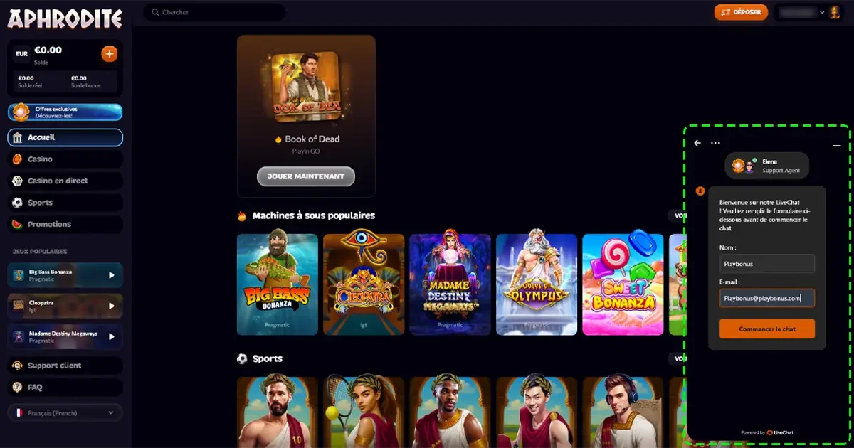 Interface Aphrodite Casino avec machine &agrave; sous Book of Dead et chat support en ligne