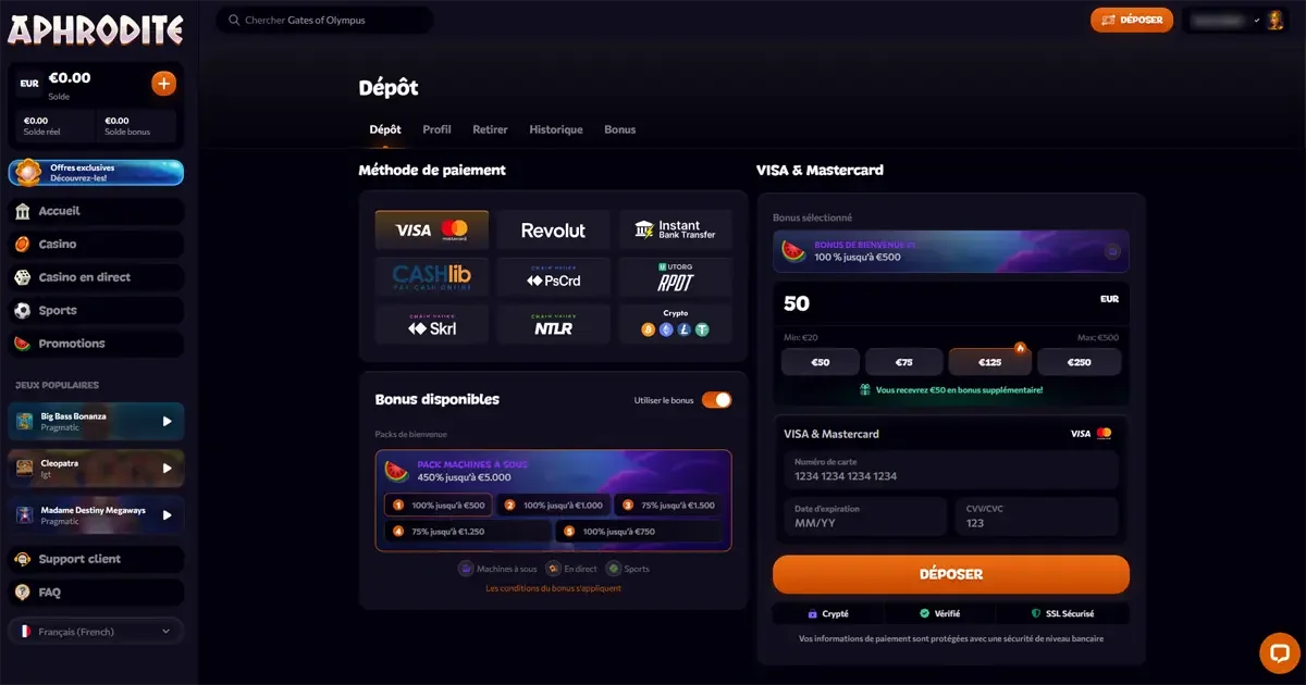 Page d&eacute;p&ocirc;t Aphrodite Casino avec m&eacute;thodes de paiement et bonus disponibles