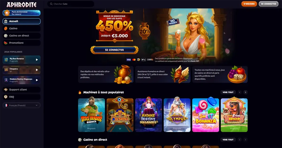 Aphrodite Casino, page d'accueil avec bonus de bienvenue jusqu'&agrave; 450 % et machines &agrave; sous en ligne