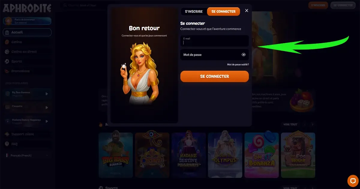 &eacute;tape deux pour se connecter &agrave; aphrodite casino