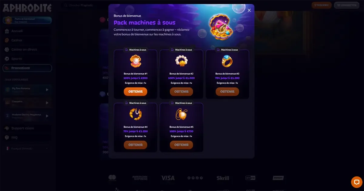 Pack de bienvenue Aphrodite Casino : bonus jusqu&rsquo;&agrave; 1 500 &euro; sur machines &agrave; sous