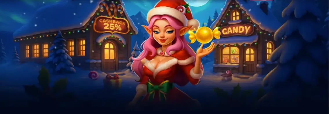 Banniere du casino en ligne gambiva casino avec un personnage de noel f&eacute;minin